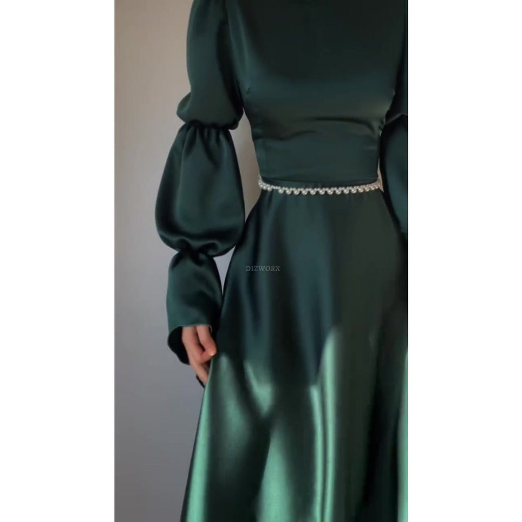 Luxury Slim-Fit Long Sleeve Dress Abaya | Emerald Green Maxi Dress (MA217)