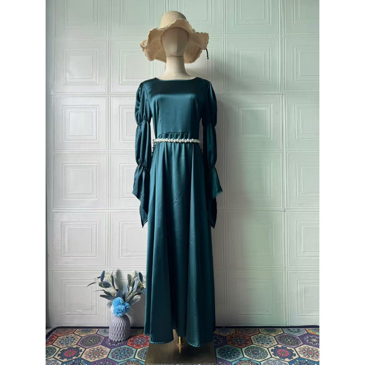 Luxury Slim-Fit Long Sleeve Dress Abaya | Emerald Green Maxi Dress (MA217)