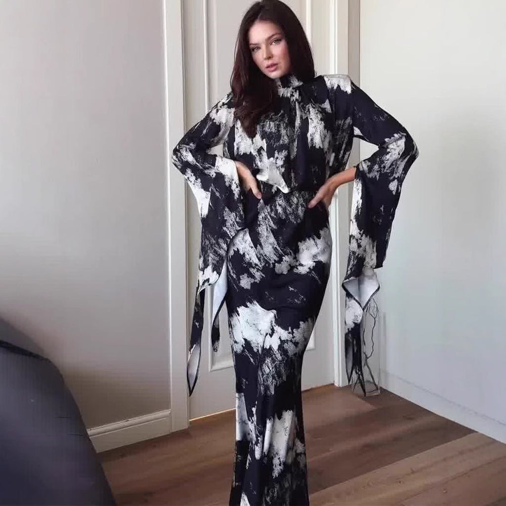Spring Slim-Fit Lace-Up Satin Print Irregular Design Long Dress (MA162)
