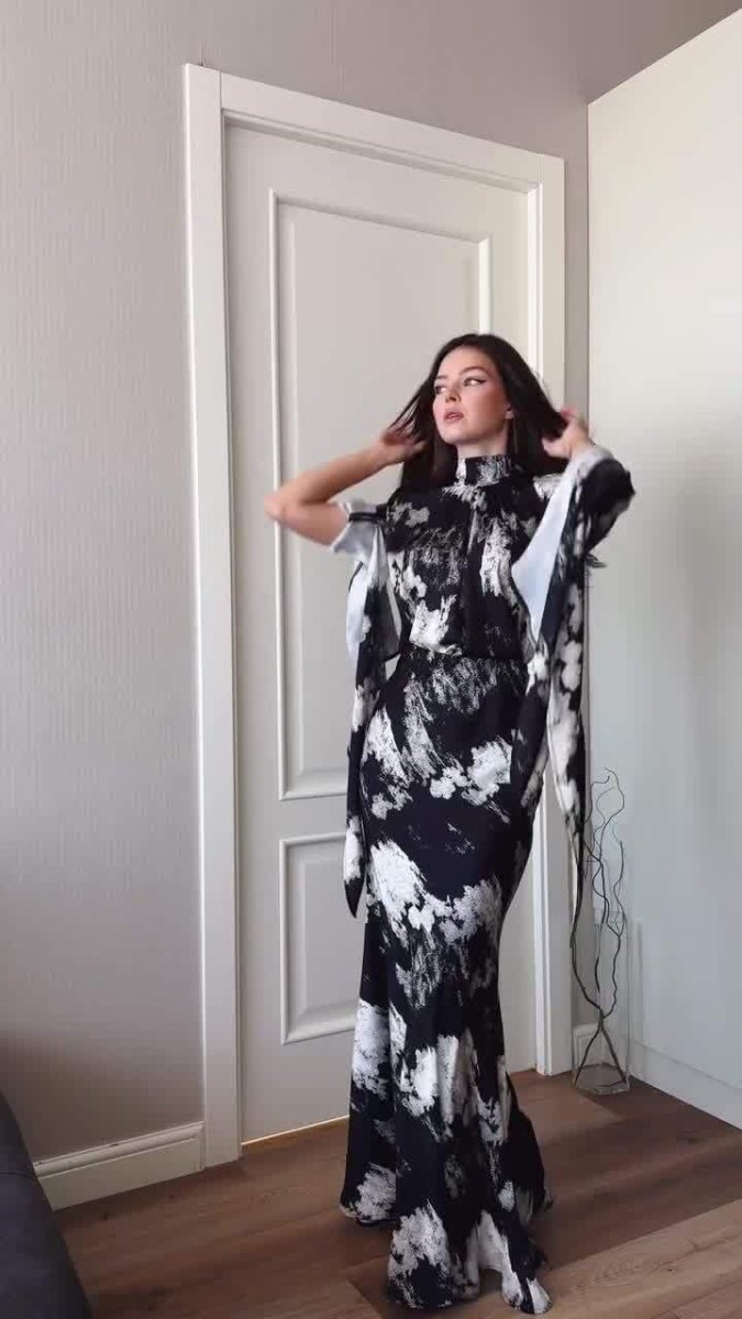 Spring Slim-Fit Lace-Up Satin Print Irregular Design Long Dress (MA162)