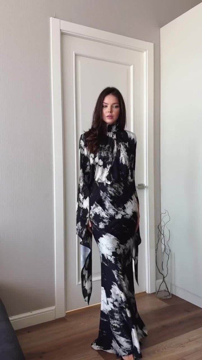 Spring Slim-Fit Lace-Up Satin Print Irregular Design Long Dress (MA162)