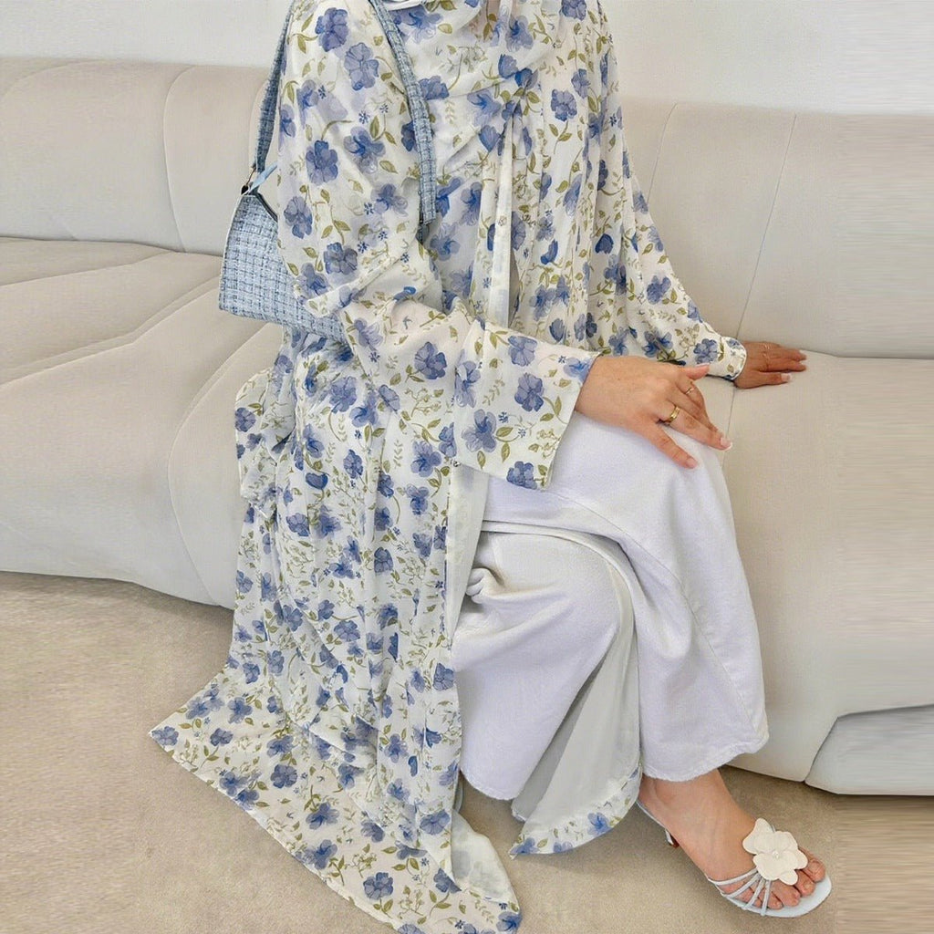 Spring Summer Floral Print Chiffon Cardigan | Double-Layer Modest Cover-Up Abaya (MOA170)