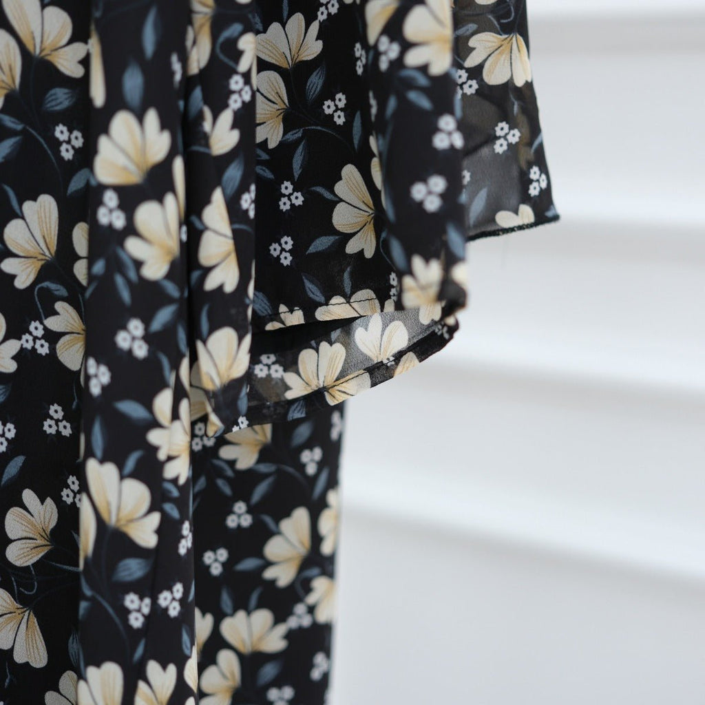 Spring Summer Floral Print Chiffon Cardigan | Double-Layer Modest Cover-Up Abaya (MOA170)