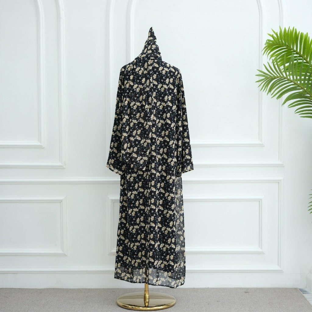 Spring Summer Floral Print Chiffon Cardigan | Double-Layer Modest Cover-Up Abaya (MOA170)