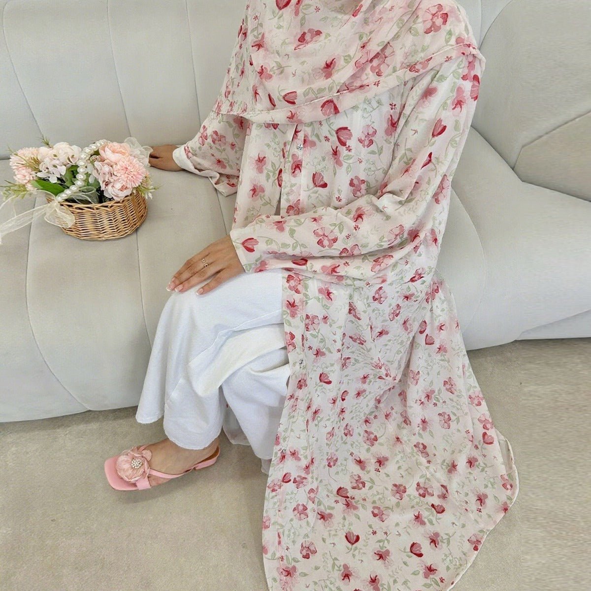 Spring Summer Floral Print Chiffon Cardigan | Double-Layer Modest Cover-Up Abaya (MOA170)