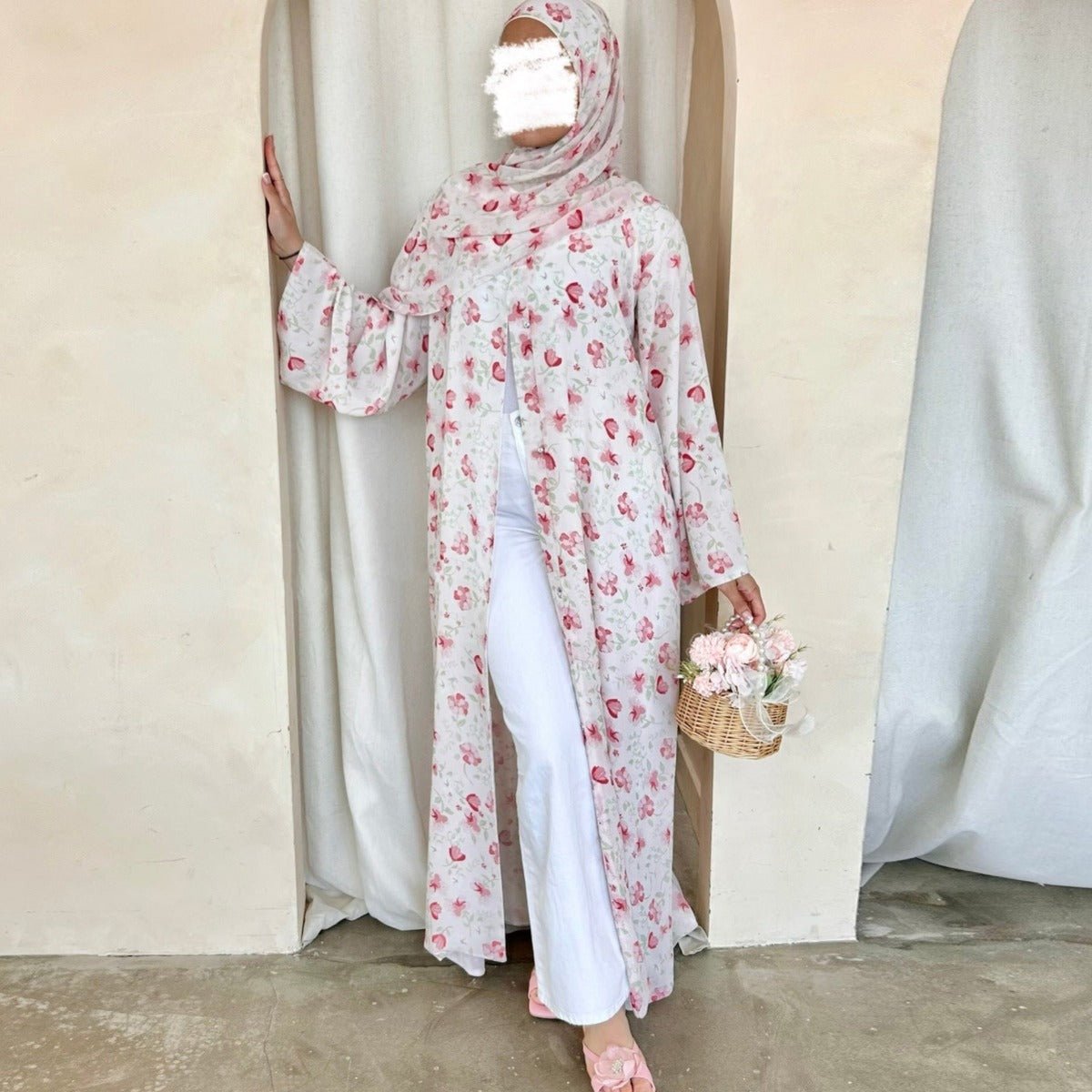 Spring Summer Floral Print Chiffon Cardigan | Double-Layer Modest Cover-Up Abaya (MOA170)