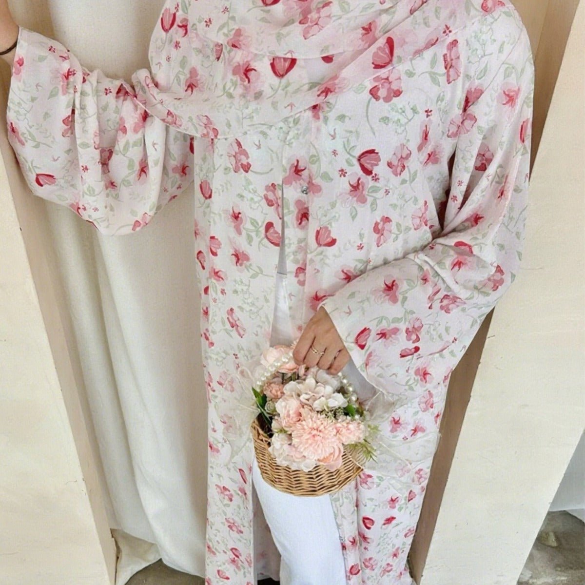 Spring Summer Floral Print Chiffon Cardigan | Double-Layer Modest Cover-Up Abaya (MOA170)