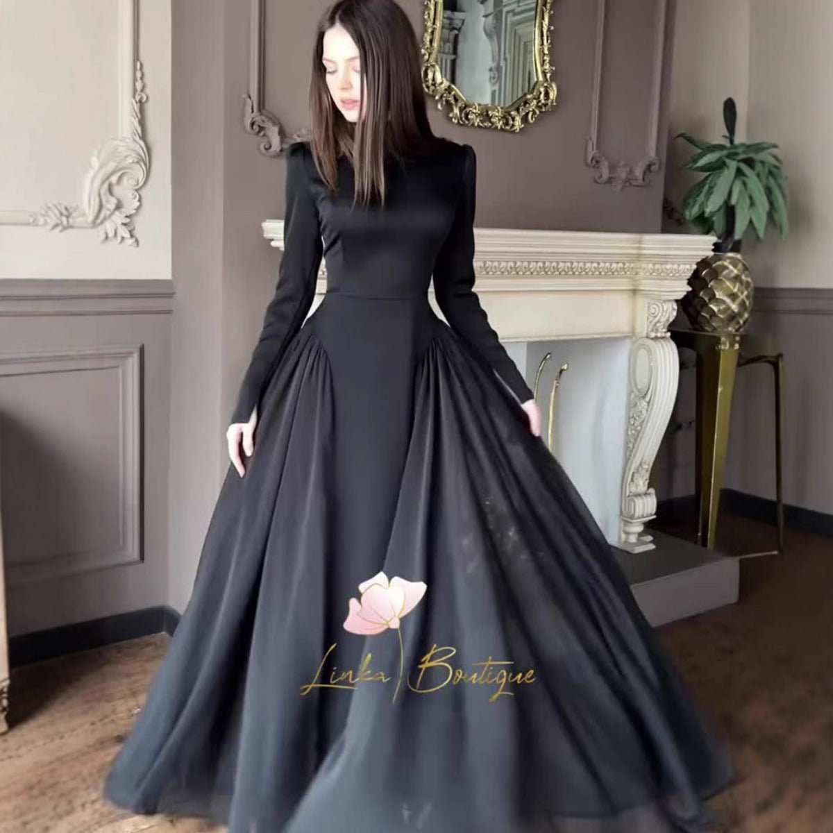 Spring Temperament Black Maxi Dress And Elegant High Neck Long Sleeve Dress with Floral Accent (MA220)