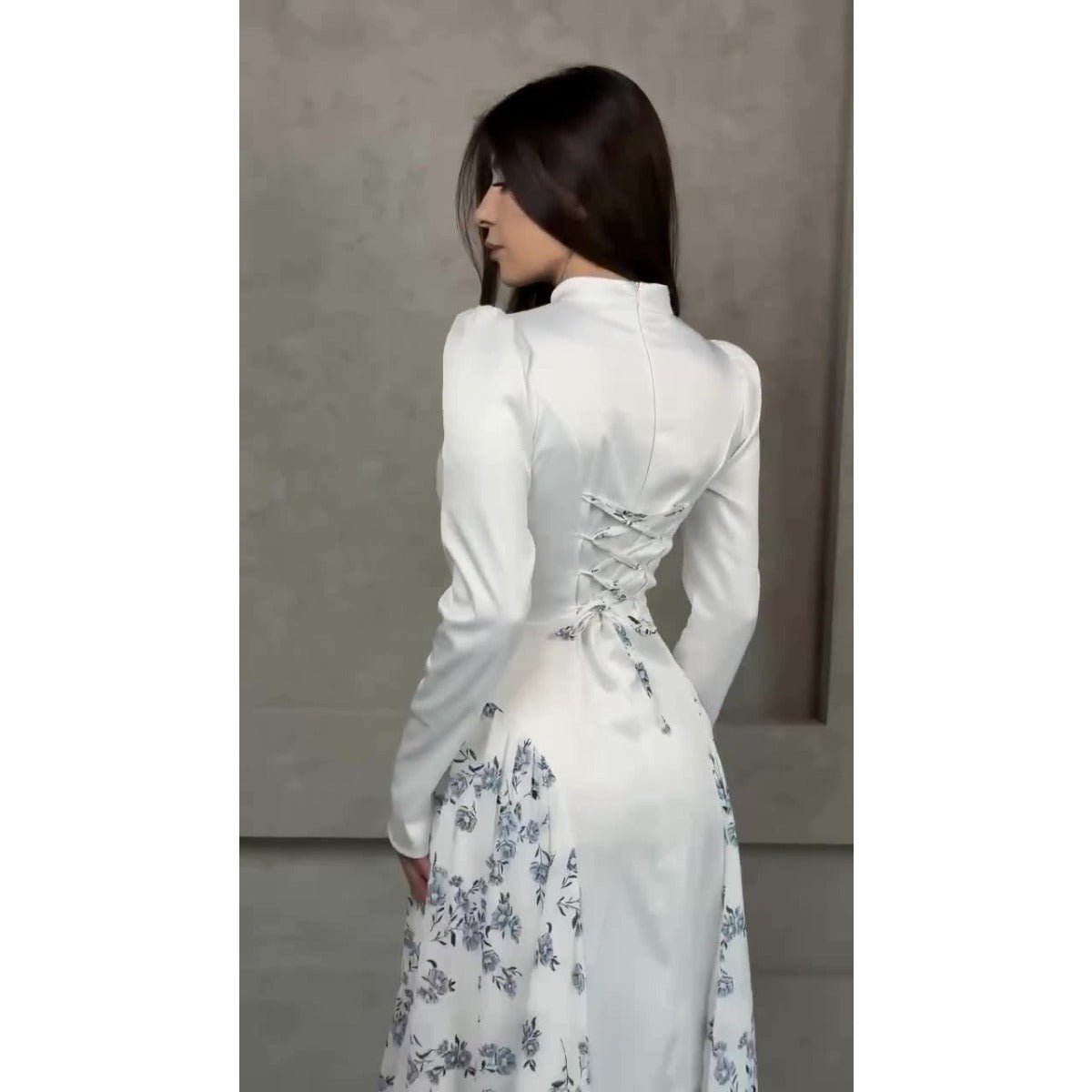 Spring Temperament Black Maxi Dress And Elegant High Neck Long Sleeve Dress with Floral Accent (MA220)