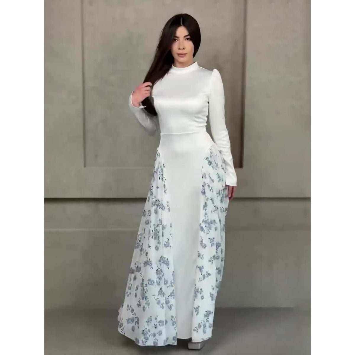 Spring Temperament Black Maxi Dress And Elegant High Neck Long Sleeve Dress with Floral Accent (MA220)