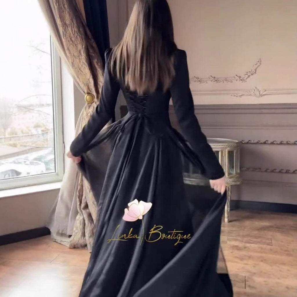 Spring Temperament Black Maxi Dress And Elegant High Neck Long Sleeve Dress with Floral Accent (MA220)