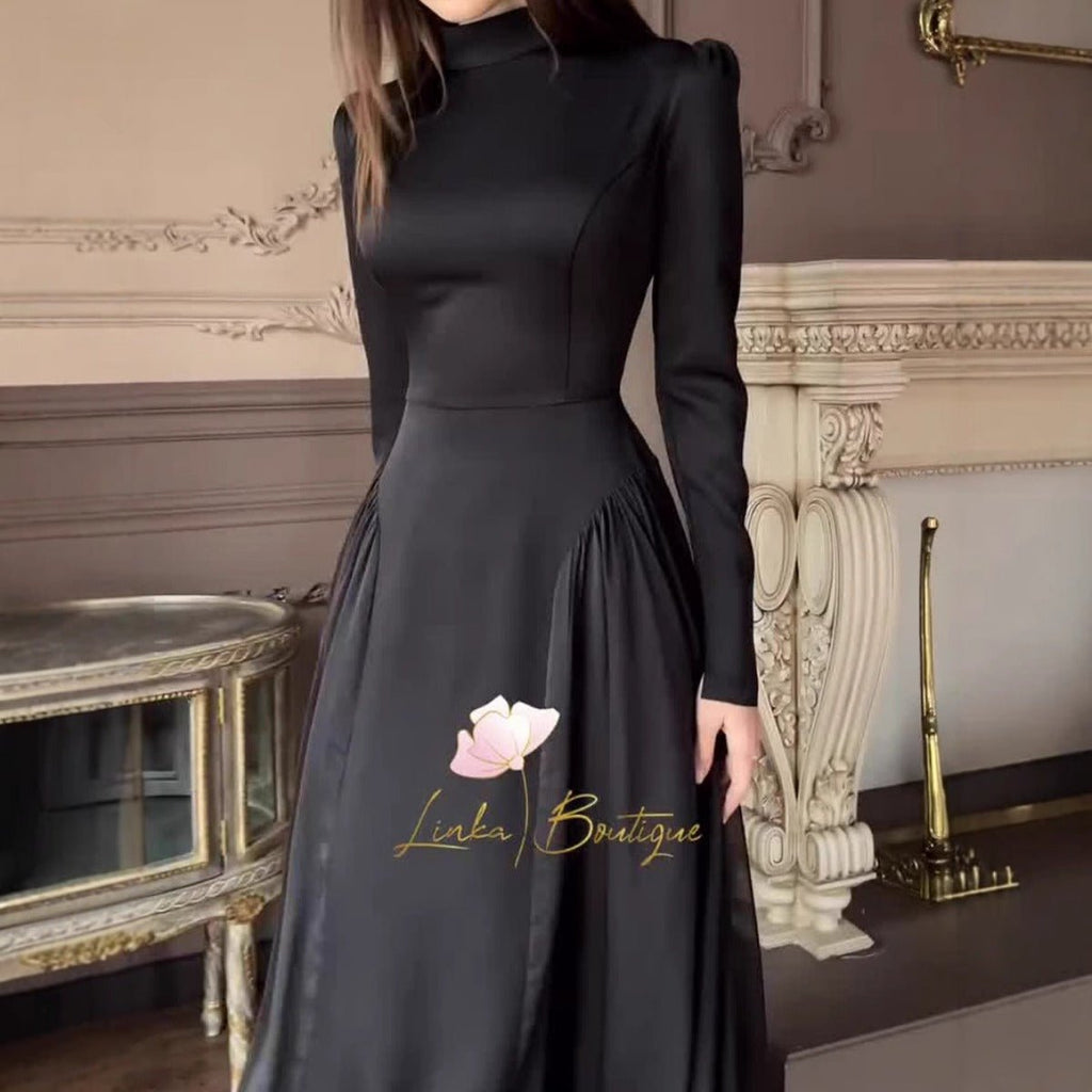Spring Temperament Black Maxi Dress And Elegant High Neck Long Sleeve Dress with Floral Accent (MA220)