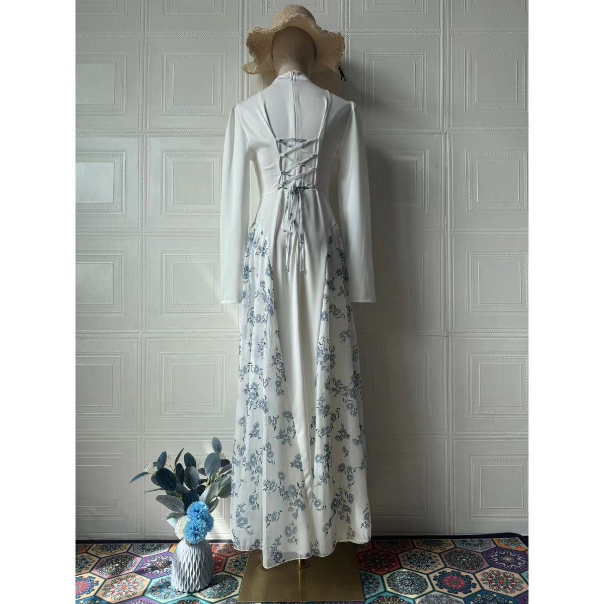 Spring Temperament Black Maxi Dress And Elegant High Neck Long Sleeve Dress with Floral Accent (MA220)