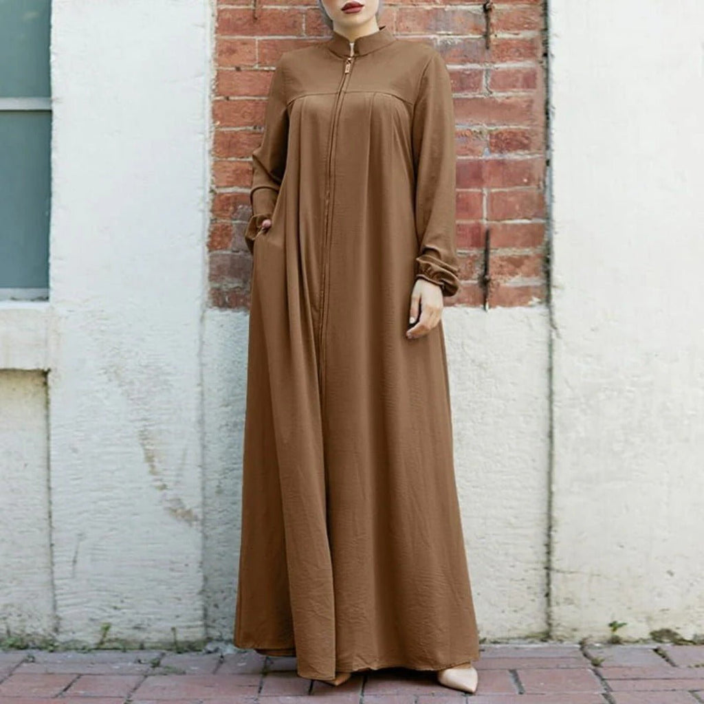 Stand-Collar Zipper Cardigan with Pockets | Modest Long Maxi Dress Abaya(MA155)