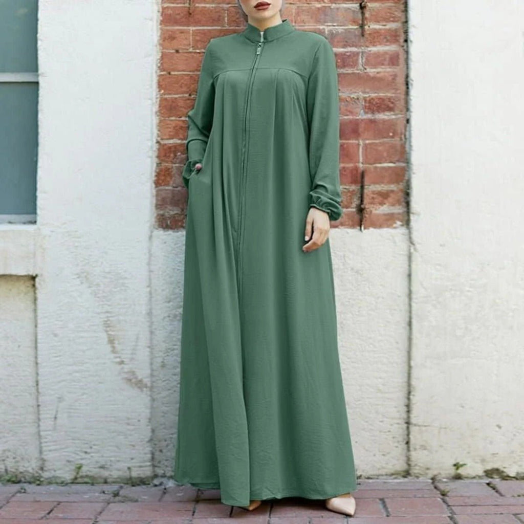 Stand-Collar Zipper Cardigan with Pockets | Modest Long Maxi Dress Abaya(MA155)