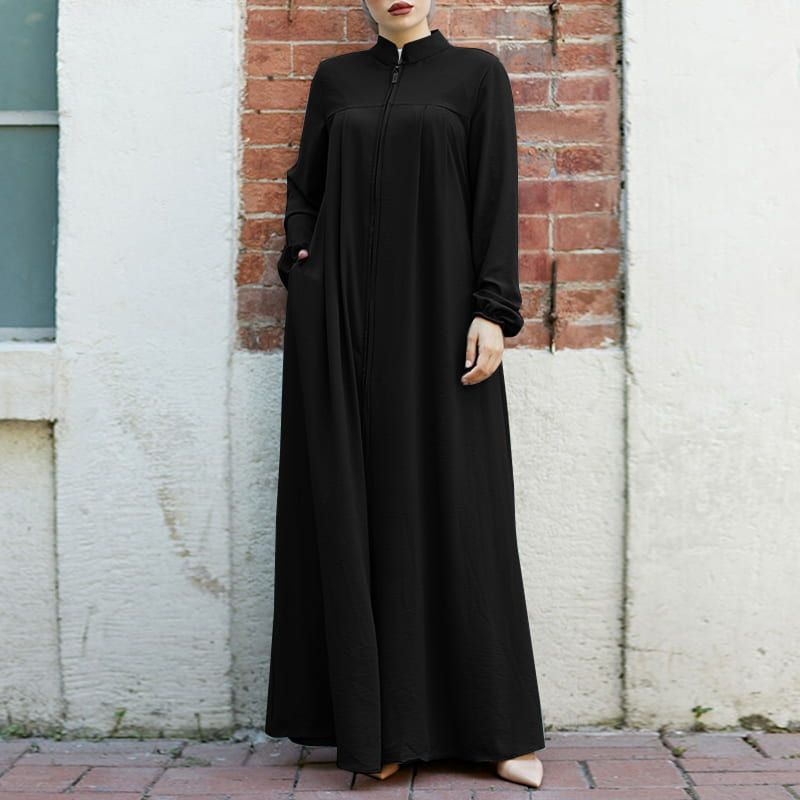 Stand-Collar Zipper Cardigan with Pockets | Modest Long Maxi Dress Abaya(MA155)