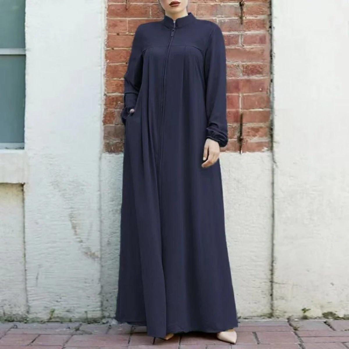 Stand-Collar Zipper Cardigan with Pockets | Modest Long Maxi Dress Abaya(MA155)