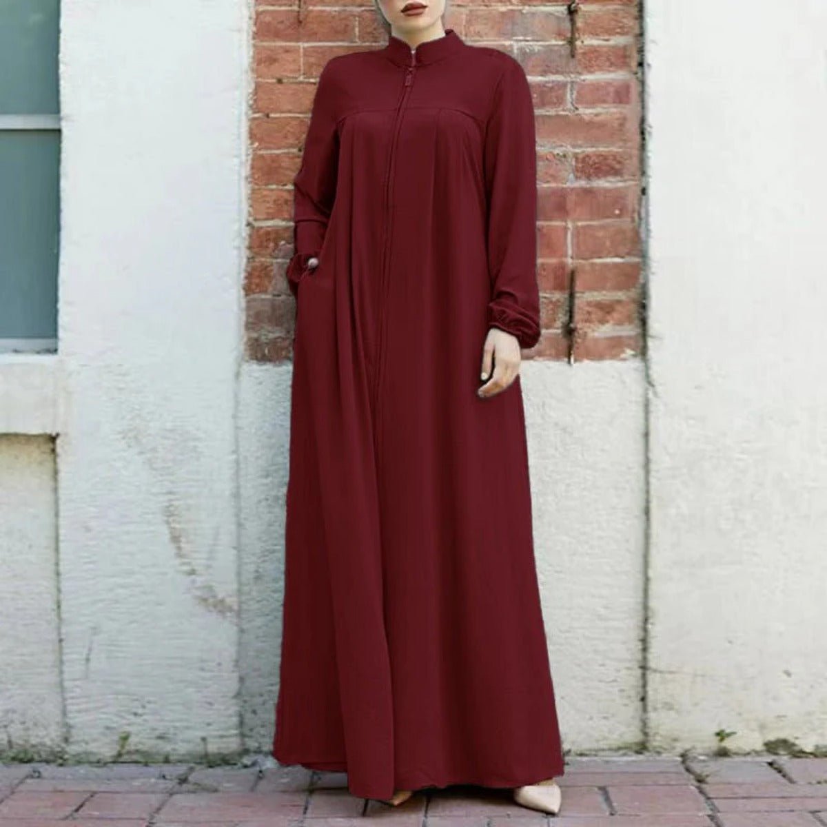 Stand-Collar Zipper Cardigan with Pockets | Modest Long Maxi Dress Abaya(MA155)