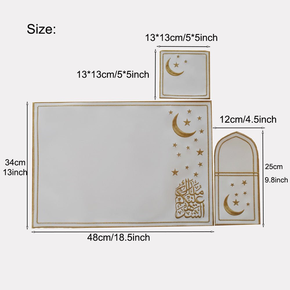 Star & Crescent Embroidered Leather Placemat Set | 3-Piece Dining Table Decor (MAC390)