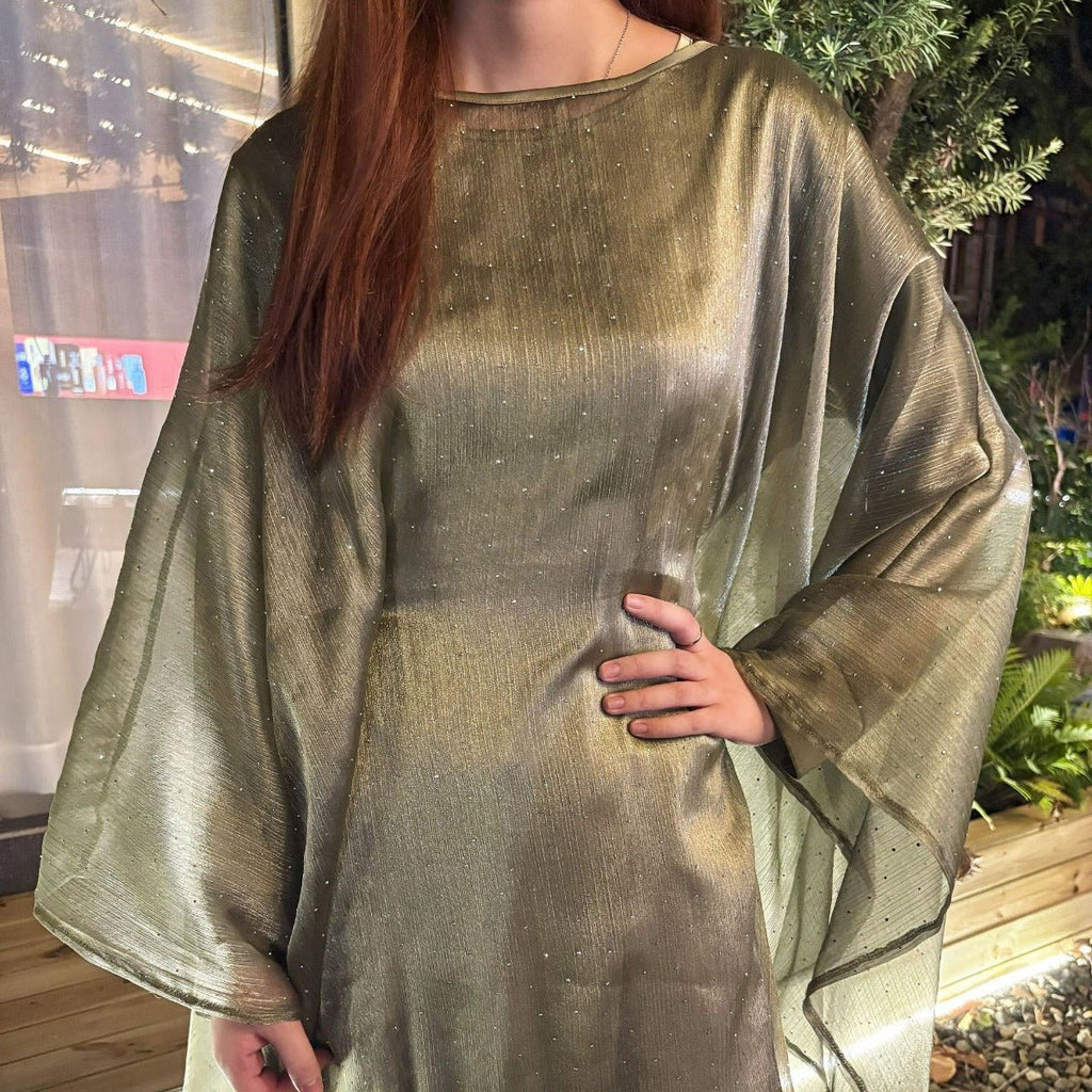 Olive Green Sequin Abaya Dress | Starry Night 2-Piece Maxi Dress with Flowing Cape (MA243)