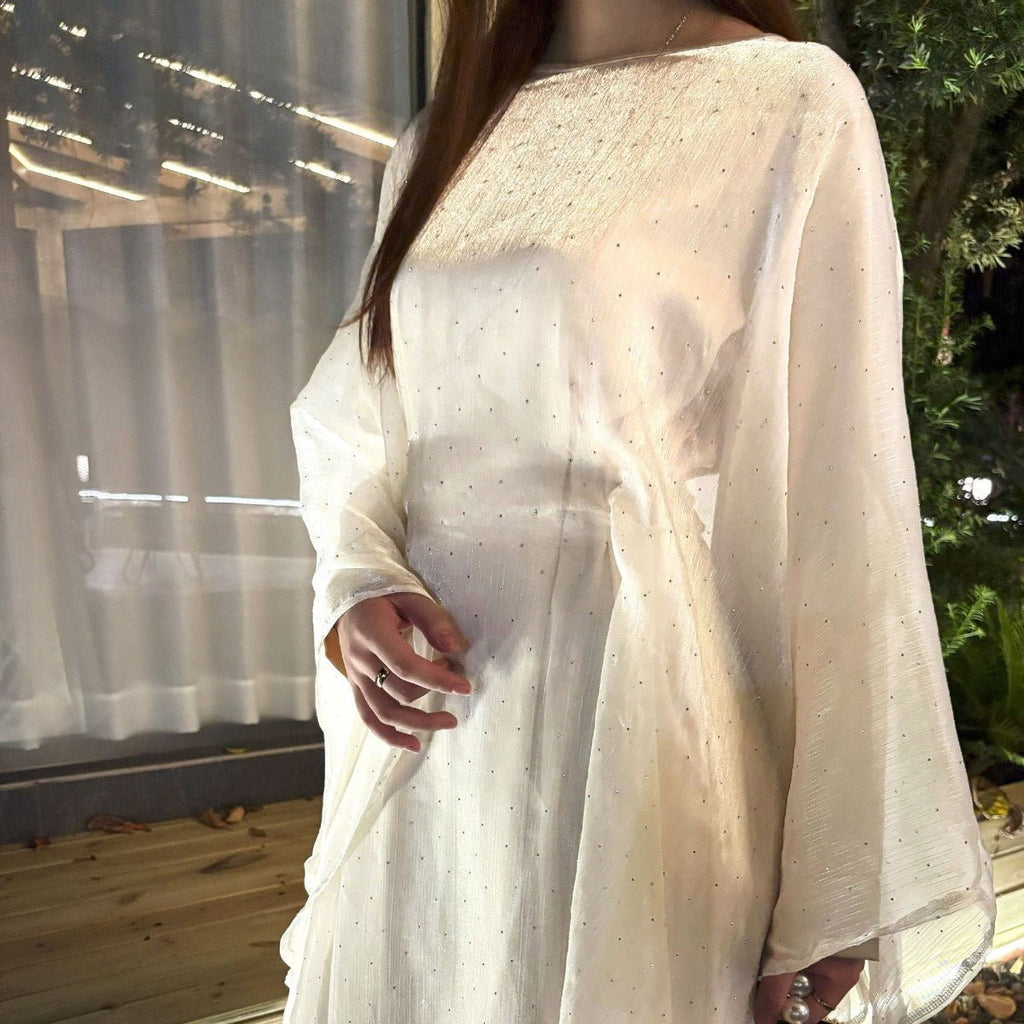 Olive Green Sequin Abaya Dress | Starry Night 2-Piece Maxi Dress with Flowing Cape (MA243)