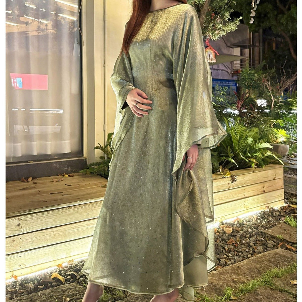 Olive Green Sequin Abaya Dress | Starry Night 2-Piece Maxi Dress with Flowing Cape (MA243)