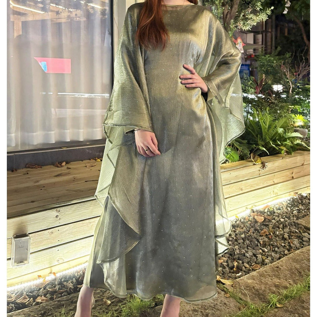 Olive Green Sequin Abaya Dress | Starry Night 2-Piece Maxi Dress with Flowing Cape (MA243)