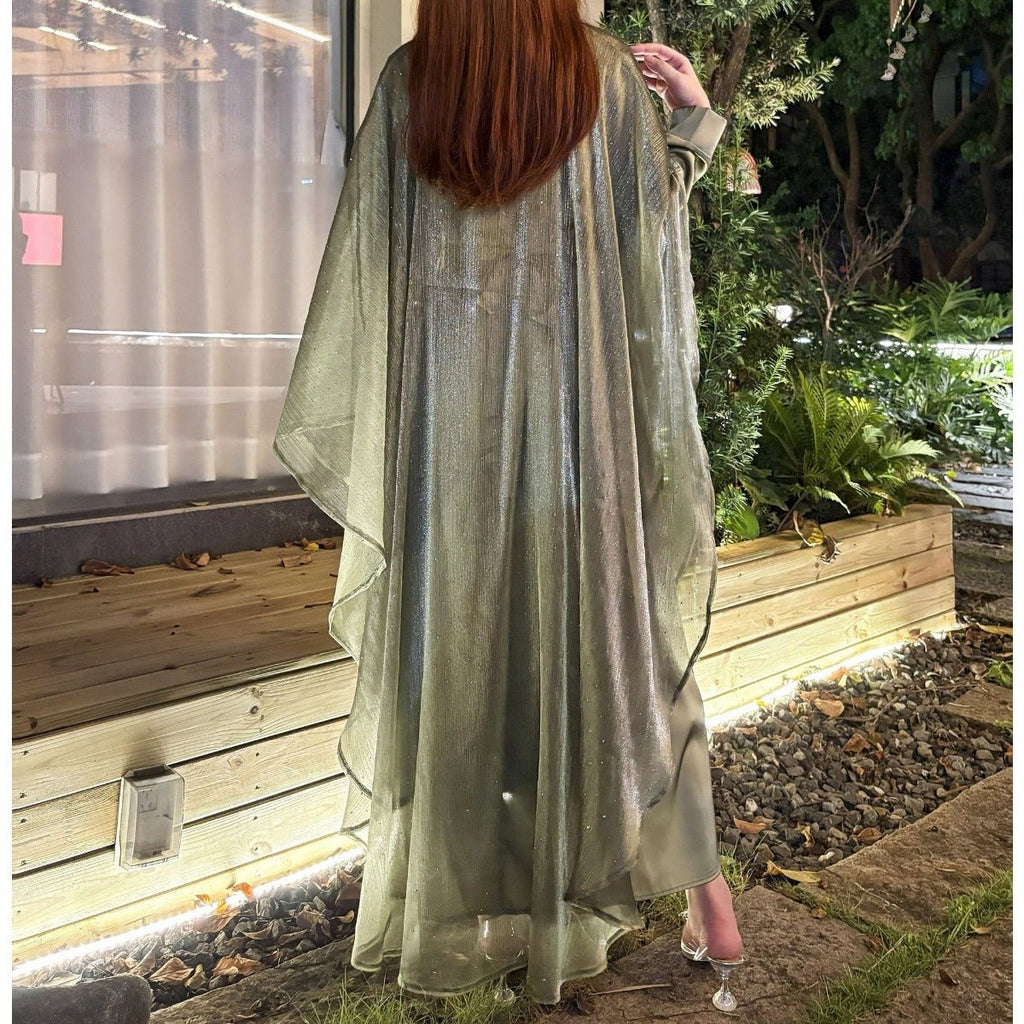 Olive Green Sequin Abaya Dress | Starry Night 2-Piece Maxi Dress with Flowing Cape (MA243)