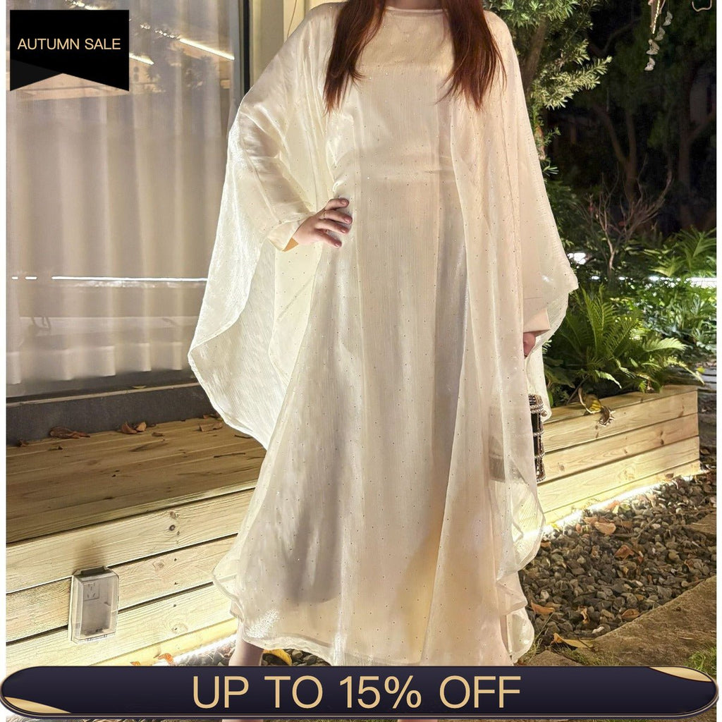 Olive Green Sequin Abaya Dress | Starry Night 2-Piece Maxi Dress with Flowing Cape (MA243)