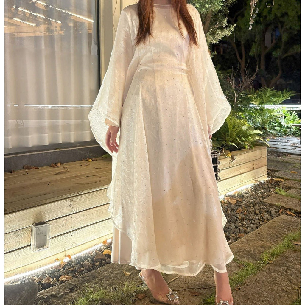 Olive Green Sequin Abaya Dress | Starry Night 2-Piece Maxi Dress with Flowing Cape (MA243)