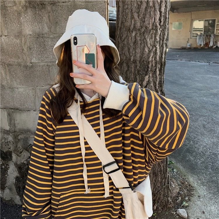 Striped Drawstring Hooded Long Sweater Dress (MS071)