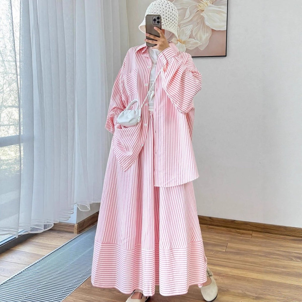 Striped Oversized Shirt & Maxi Skirt Set (MS374)