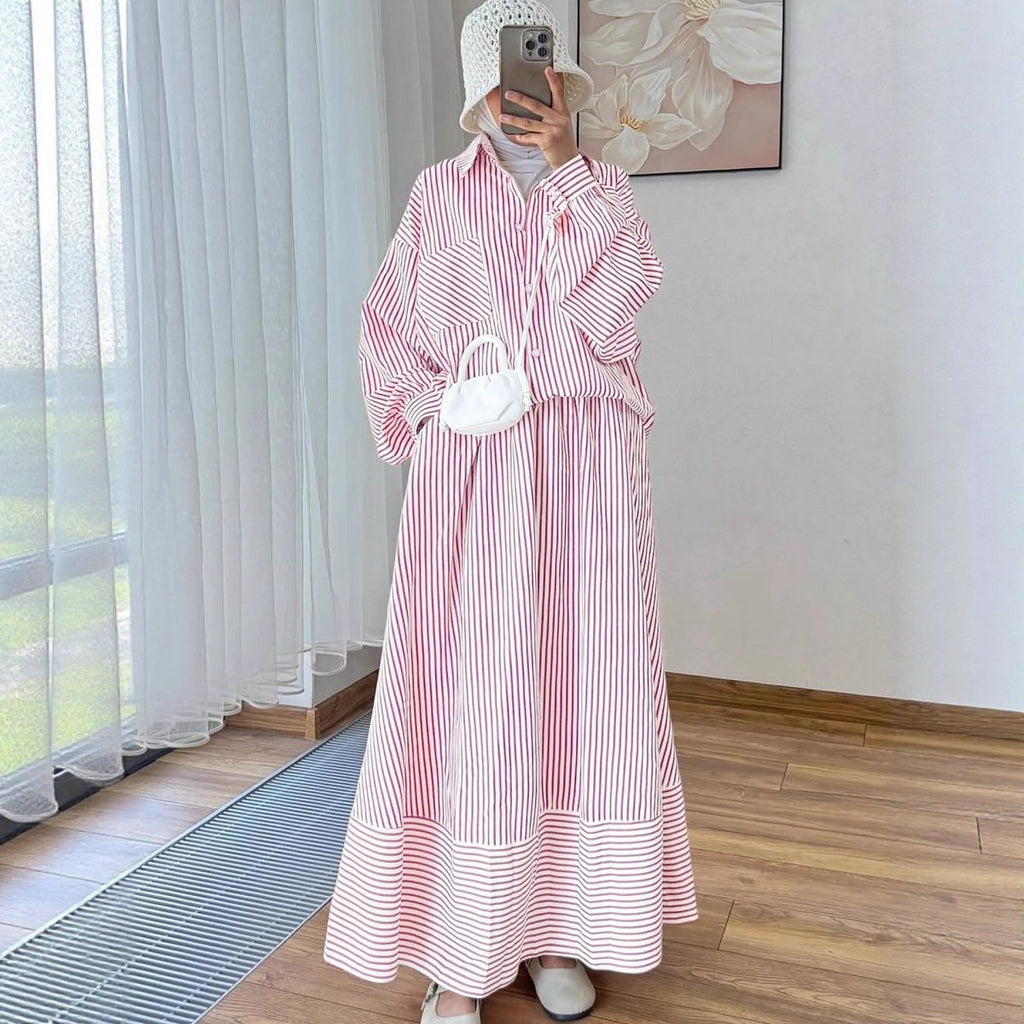Striped Oversized Shirt & Maxi Skirt Set (MS374)