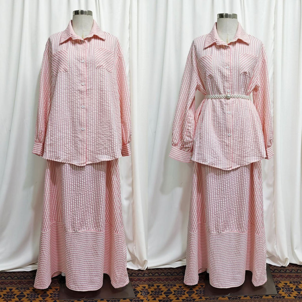 Striped Oversized Shirt & Maxi Skirt Set (MS374)
