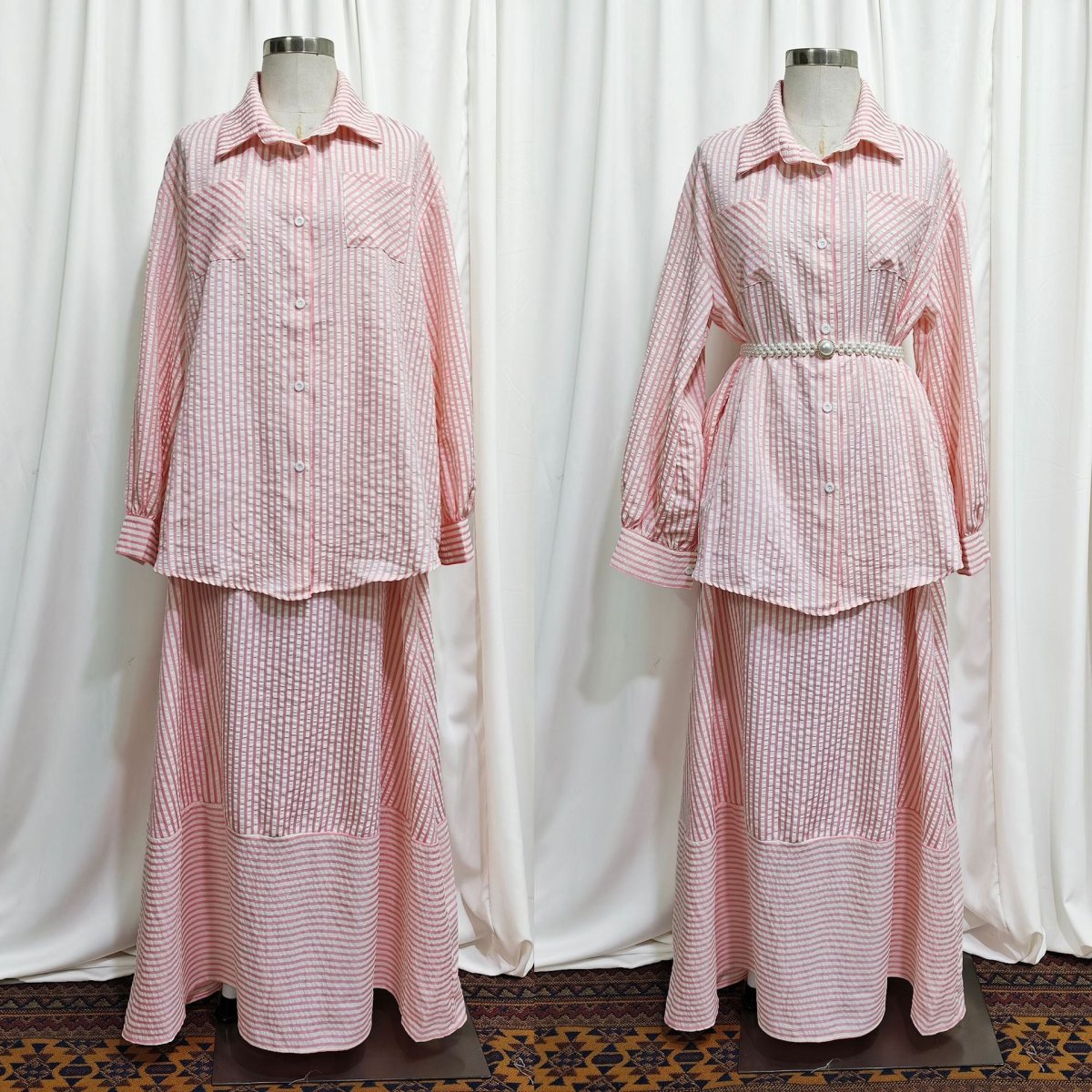 Striped Oversized Shirt & Maxi Skirt Set (MS374)