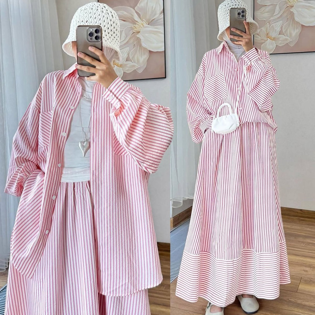Striped Oversized Shirt & Maxi Skirt Set (MS374)