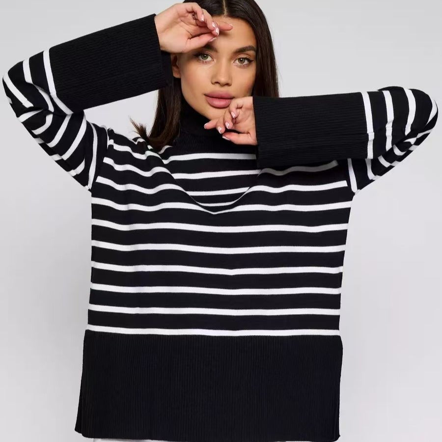 Striped Turtleneck Sweater | Oversized Colorblock Pullover(MS252)