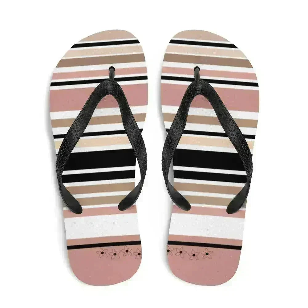 Striped Beige Black & Cream Flower Detail Flip Flops. Beach Shoes