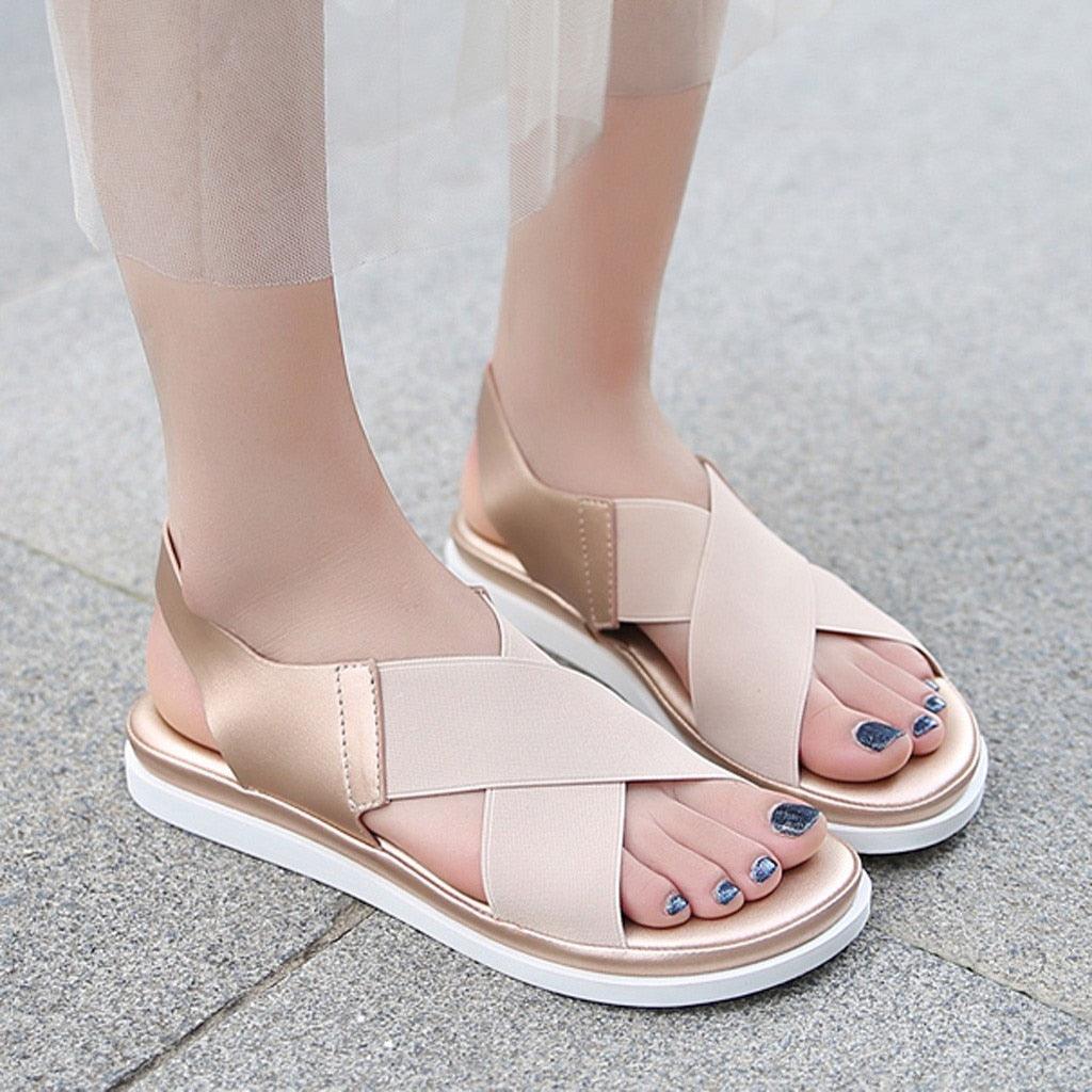 Summer Comfy Slip On Women Sandals Elastic Textile Sandals Casual Beach Shoes For Woman Classics Non-slip Lightweight Flat Sandals Fashion Sandals Ankle Strap Flat Sandals