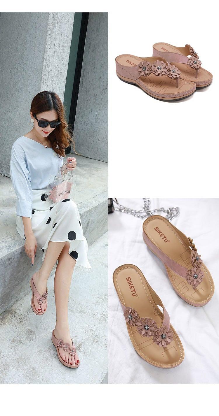 Summer Flat Sandal For Women Multicolor Handmade Retro Flowers Flip-Flops Women Slippers Cute Flat Summer Flats Sandals Women Strappy Flat Open Toe Sandals