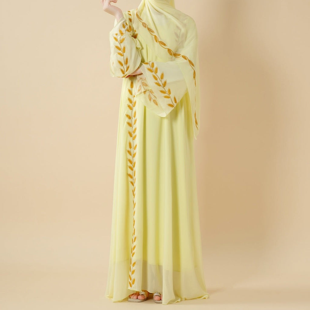 Summer Floral Embroidered Elegant Crew Neck Long Sleeve Chiffon Abaya Dress with Matching Headscarf (MA230)