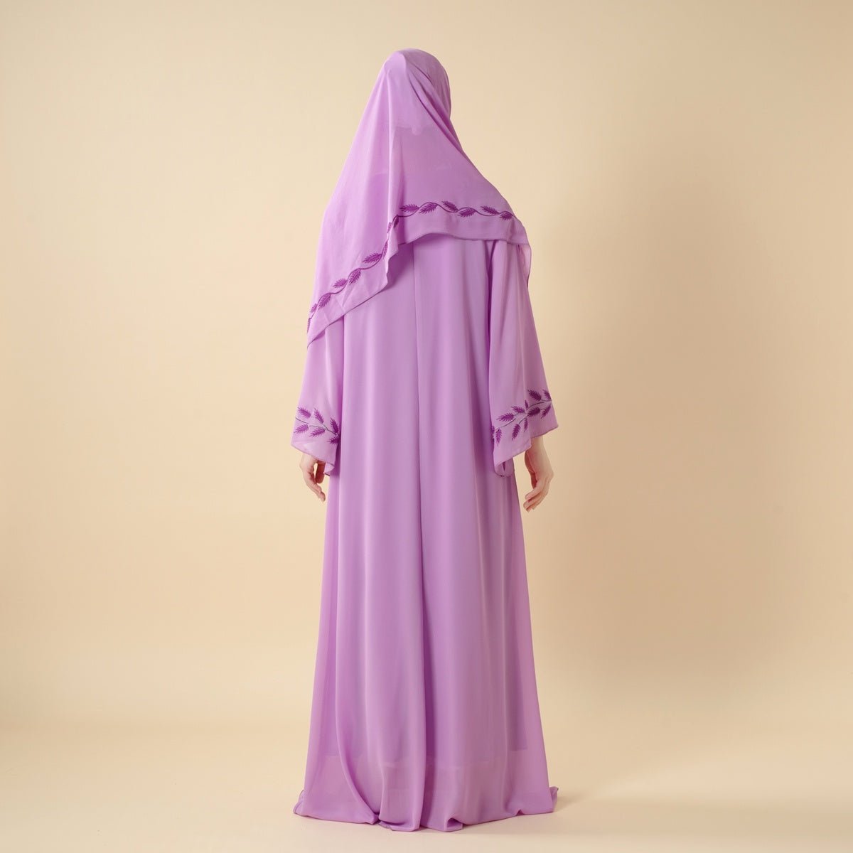 Summer Floral Embroidered Elegant Crew Neck Long Sleeve Chiffon Abaya Dress with Matching Headscarf (MA230)