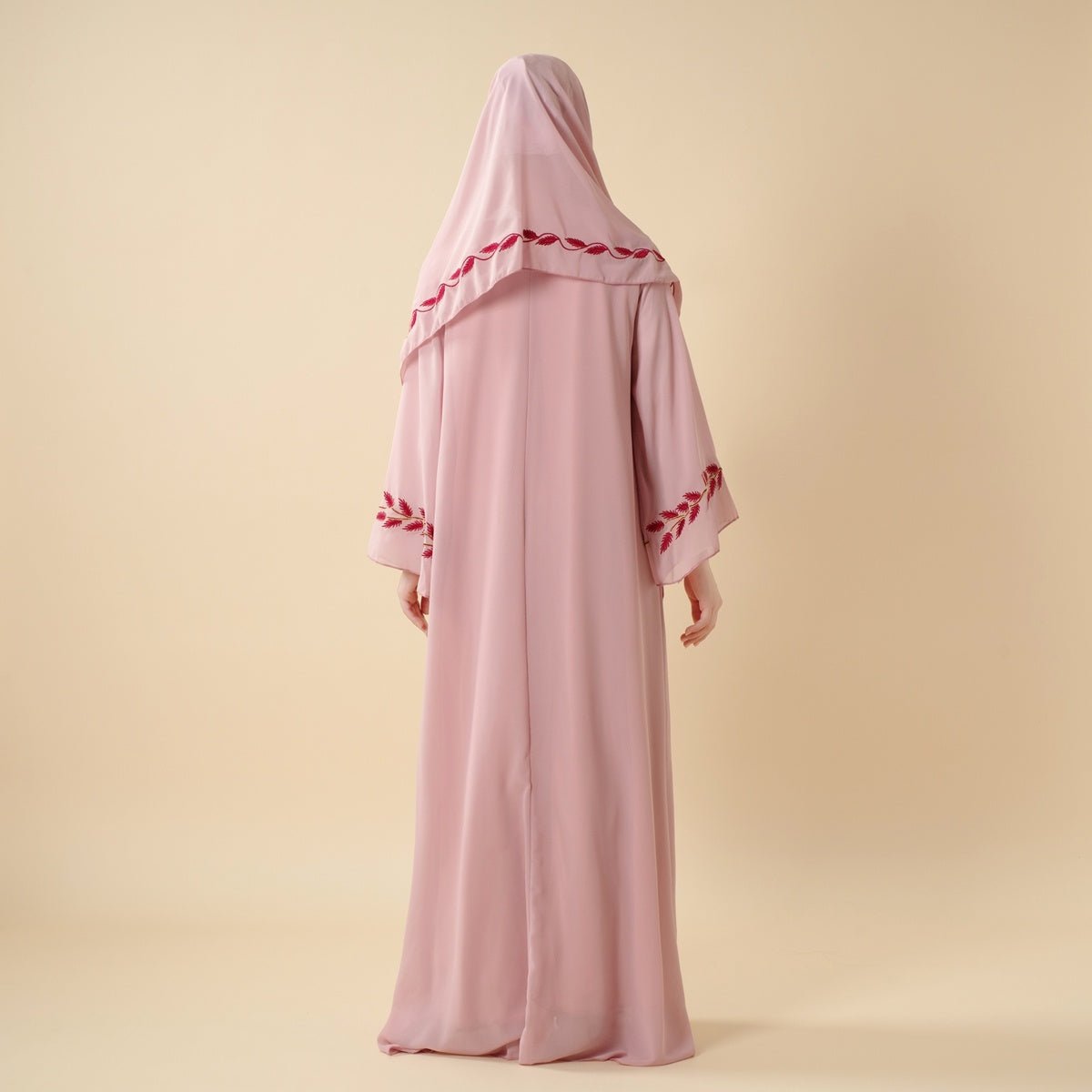 Summer Floral Embroidered Elegant Crew Neck Long Sleeve Chiffon Abaya Dress with Matching Headscarf (MA230)