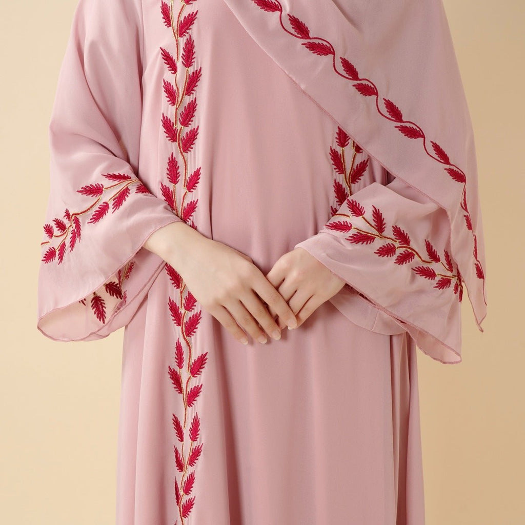 Summer Floral Embroidered Elegant Crew Neck Long Sleeve Chiffon Abaya Dress with Matching Headscarf (MA230)