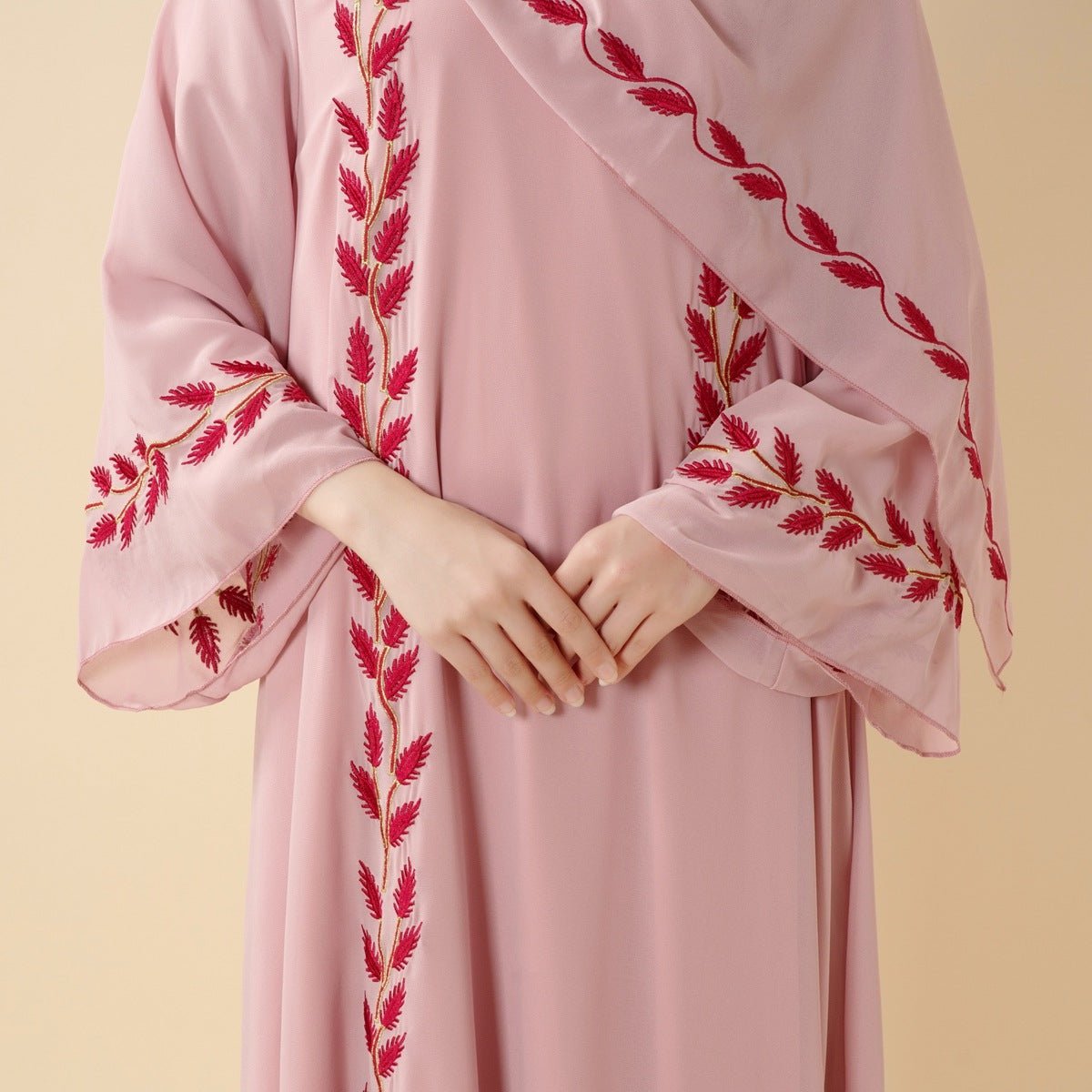 Summer Floral Embroidered Elegant Crew Neck Long Sleeve Chiffon Abaya Dress with Matching Headscarf (MA230)