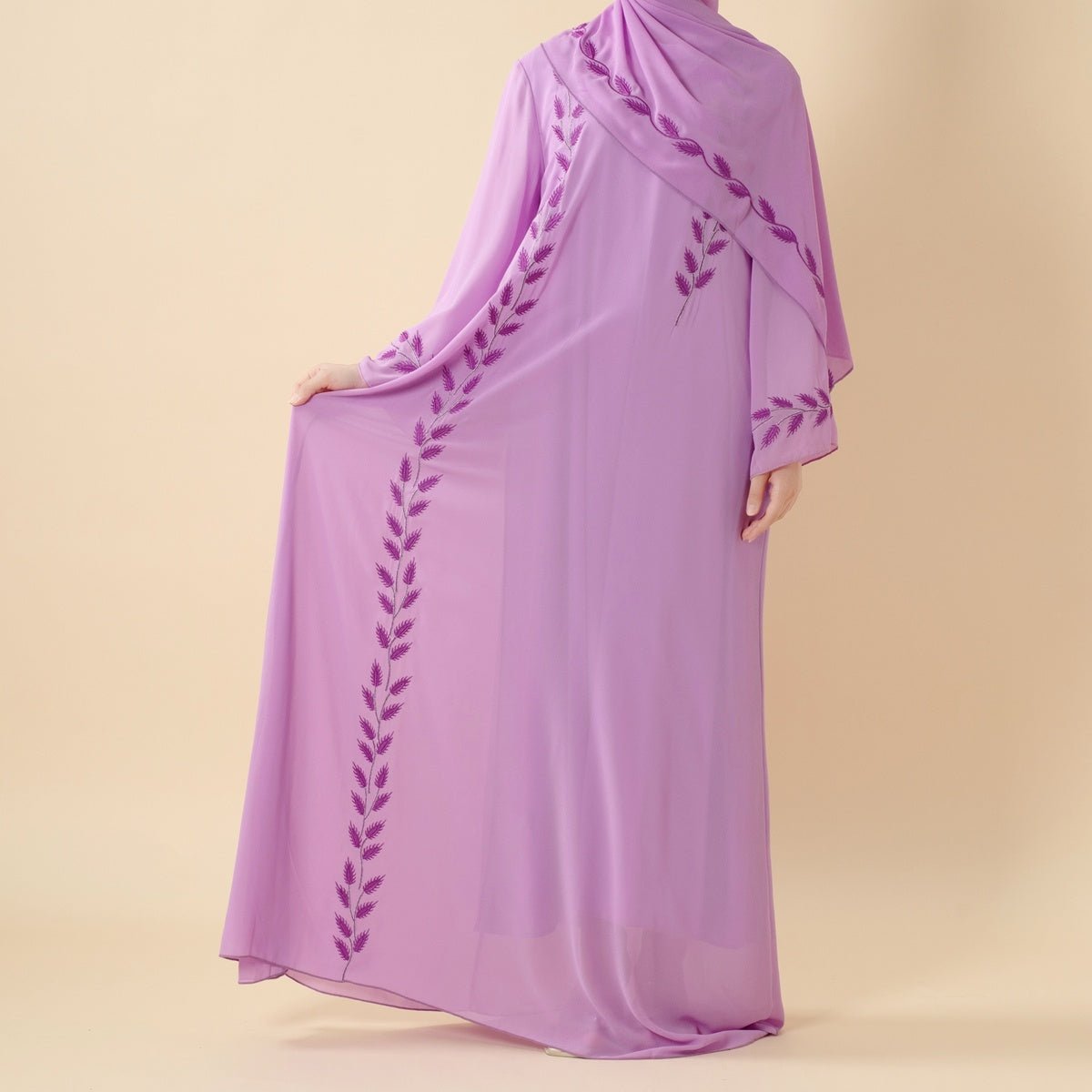 Summer Floral Embroidered Elegant Crew Neck Long Sleeve Chiffon Abaya Dress with Matching Headscarf (MA230)