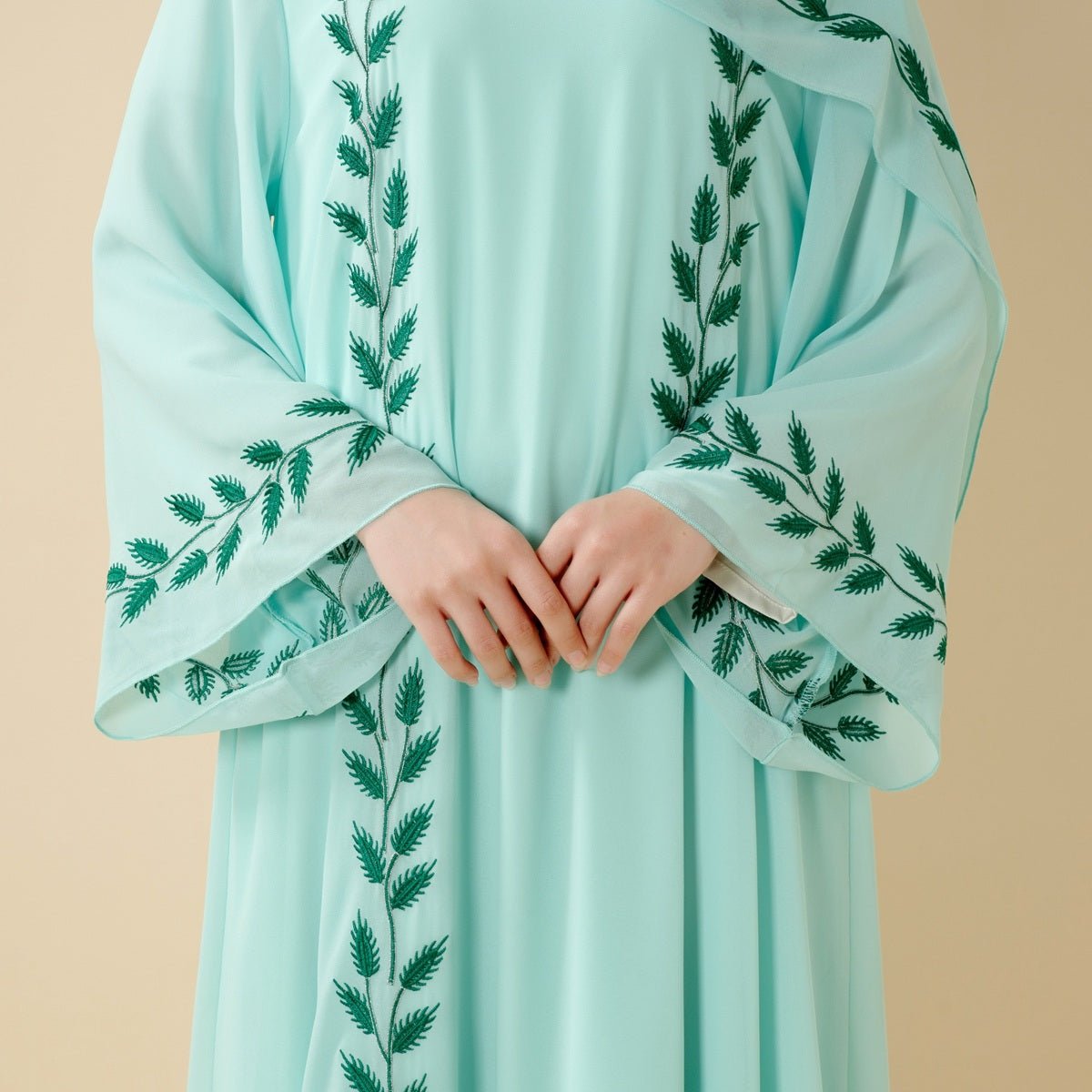 Summer Floral Embroidered Elegant Crew Neck Long Sleeve Chiffon Abaya Dress with Matching Headscarf (MA230)