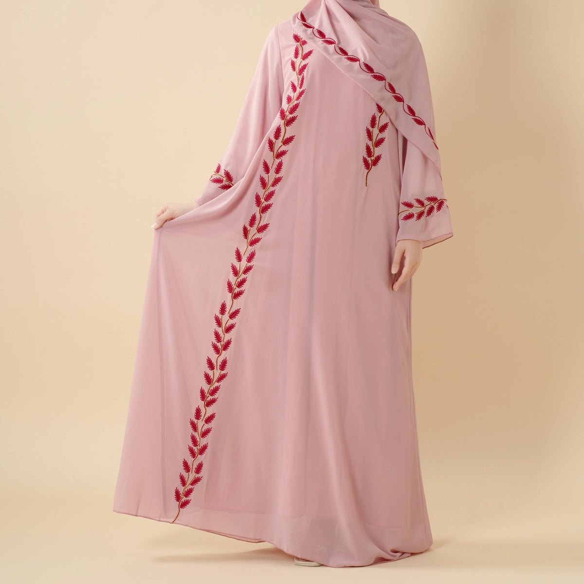 Summer Floral Embroidered Elegant Crew Neck Long Sleeve Chiffon Abaya Dress with Matching Headscarf (MA230)