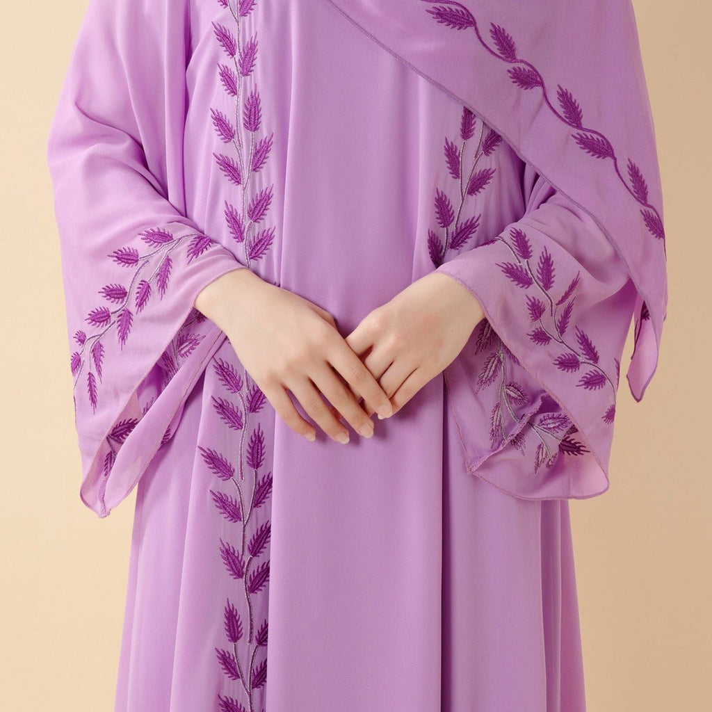 Summer Floral Embroidered Elegant Crew Neck Long Sleeve Chiffon Abaya Dress with Matching Headscarf (MA230)