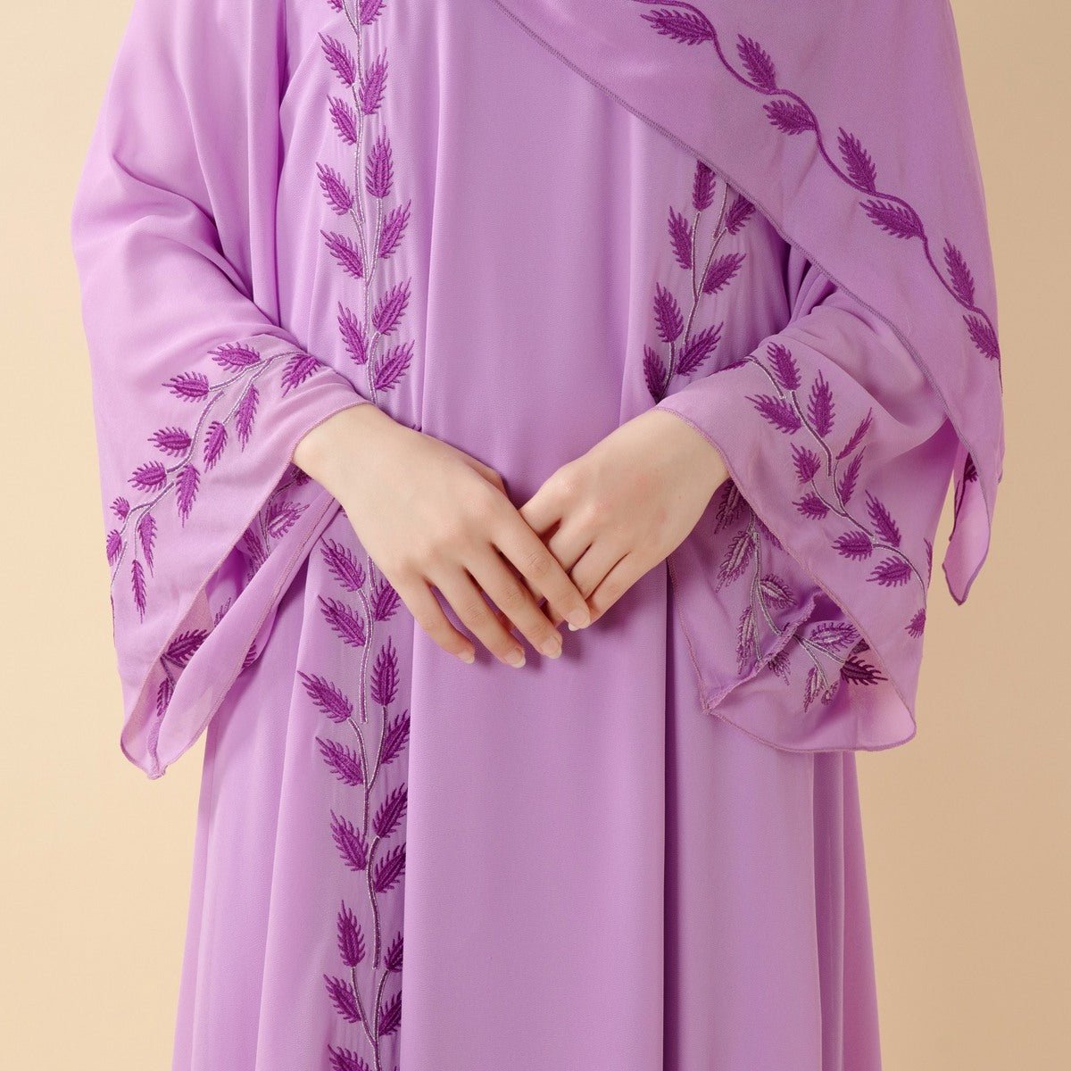 Summer Floral Embroidered Elegant Crew Neck Long Sleeve Chiffon Abaya Dress with Matching Headscarf (MA230)
